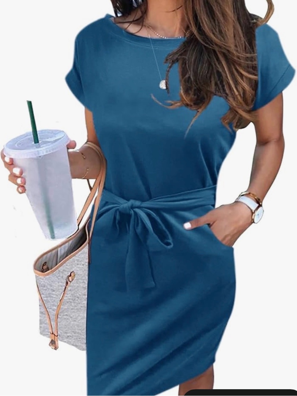 Tie-Waist Short Sleeve Midi Dress in Teal Blue